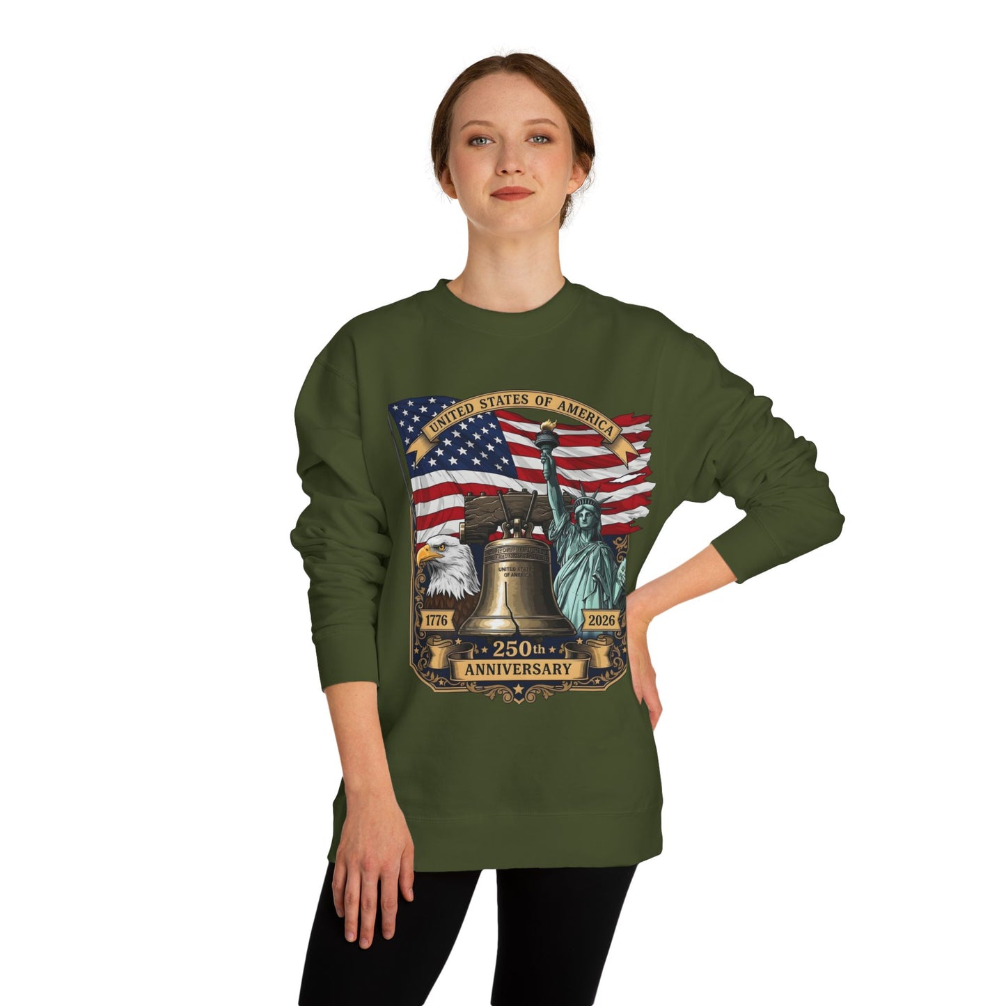 Liberty 250th Anniversary Sweatshirt — USA Flag, Statue of Liberty & Liberty Bell Design