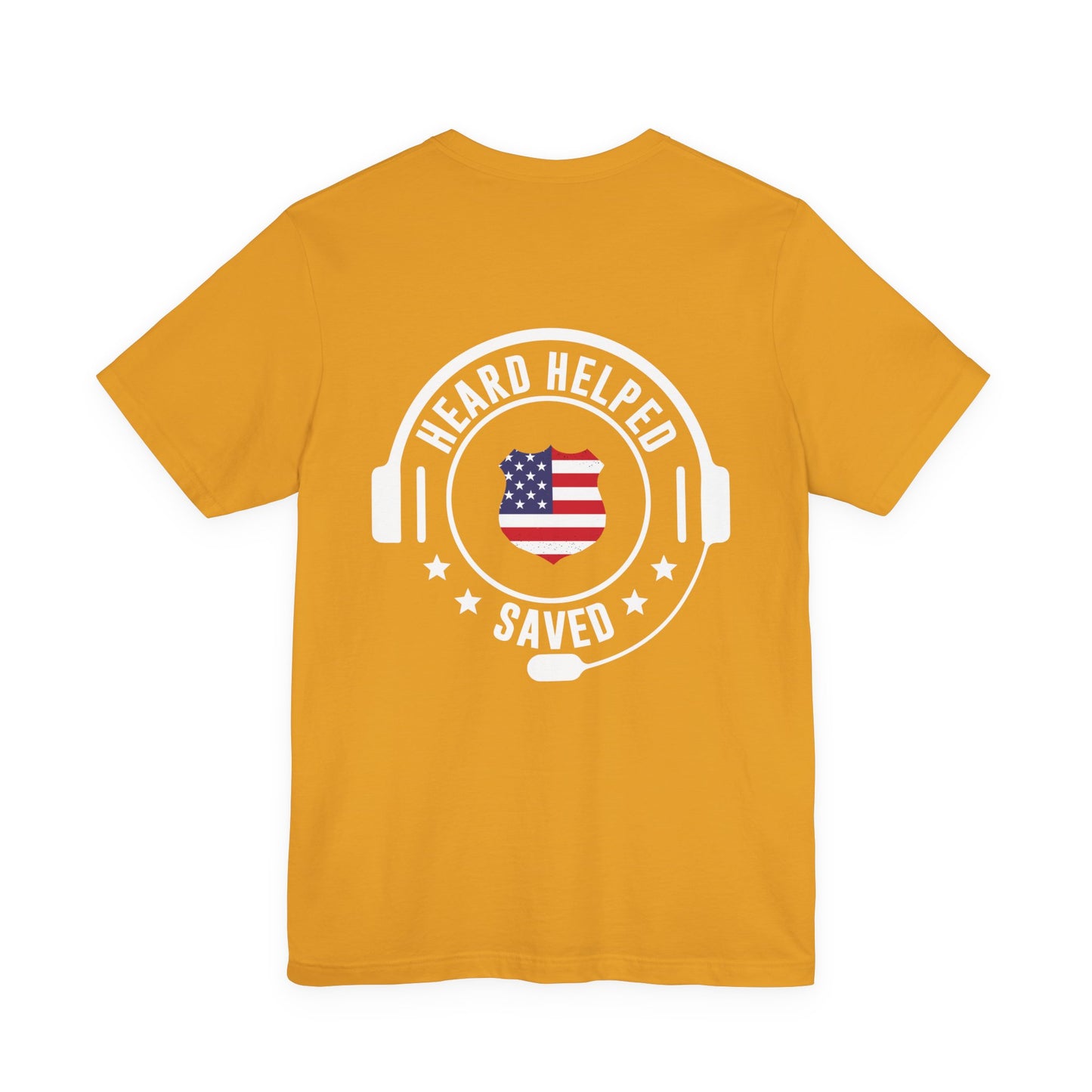 Headset Logo T-Shirt — "Heard Helped Saved" American Flag Design