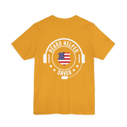 Headset Logo T-Shirt — "Heard Helped Saved" American Flag Design