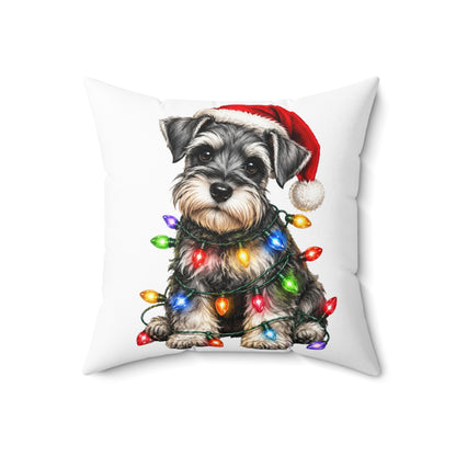 Schnauzer Puppy Christmas Pillow — Festive Dog with Santa Hat & Holiday Lights
