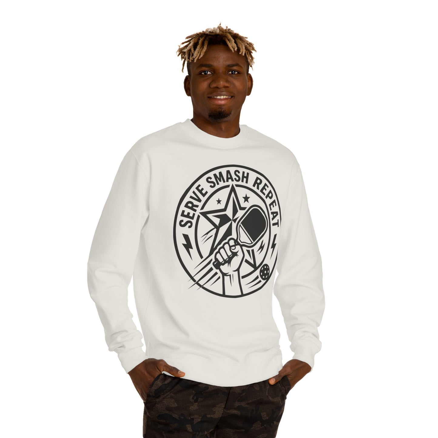 Serve Smash Repeat Crewneck Sweatshirt — Pickleball Player Graphic