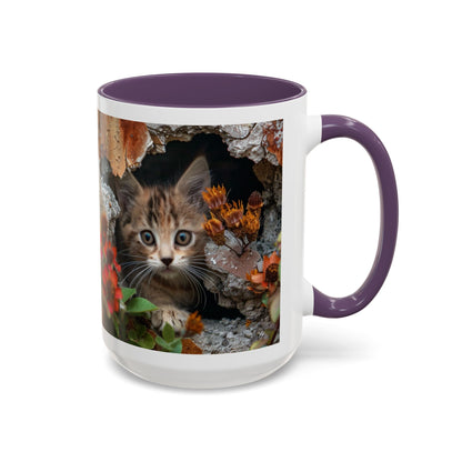 Cute Kitten Peek Accent Coffee Mug — Tabby Cat Floral 11/15oz