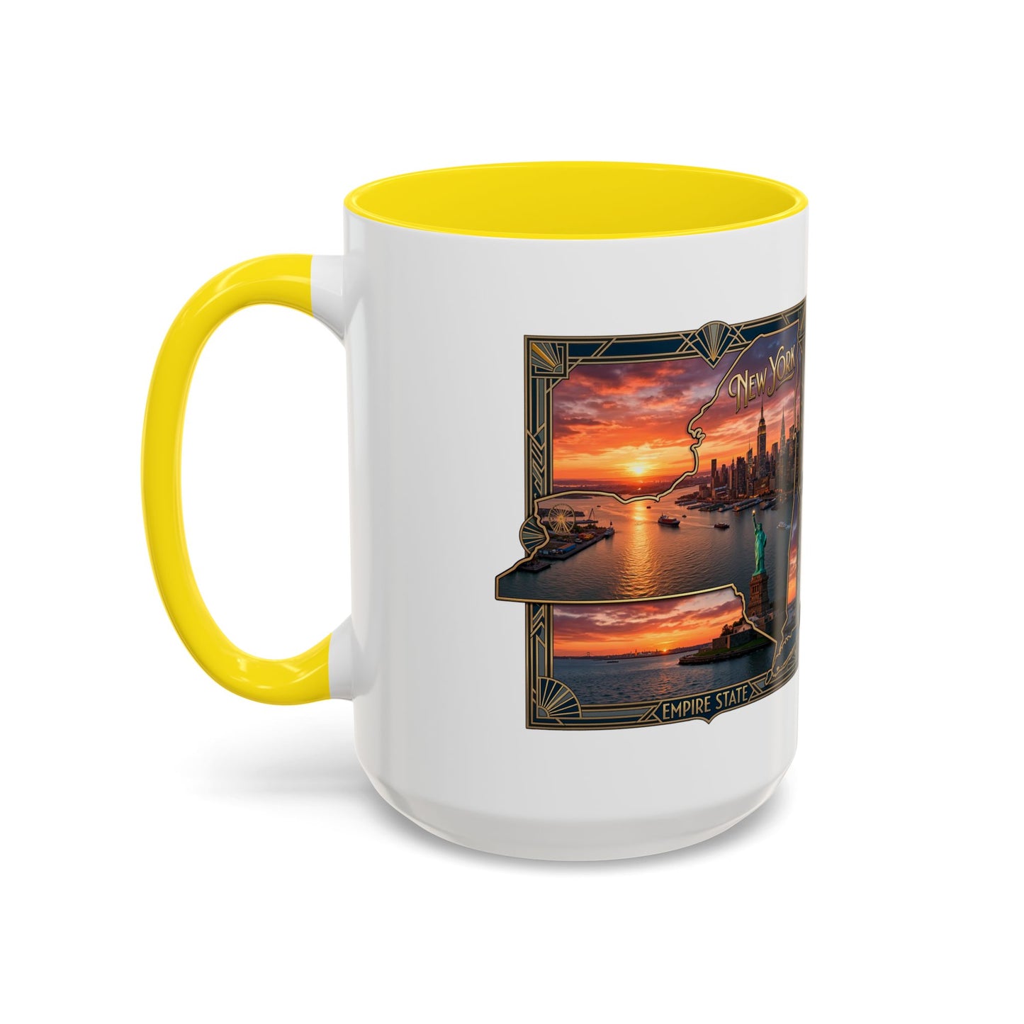 New York Skyline Accent Coffee Mug — Empire State Sunset Scene (11/15oz)