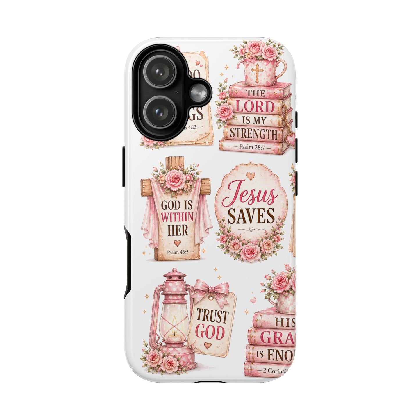 Christian Phone Case — Jesus Saves Floral Tough Case with 'God Is Within Her' & 'Trust God' Design