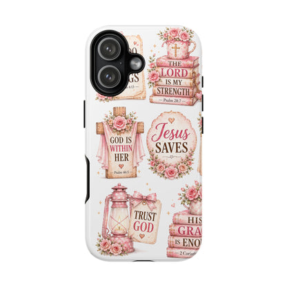 Christian Phone Case — Jesus Saves Floral Tough Case with 'God Is Within Her' & 'Trust God' Design