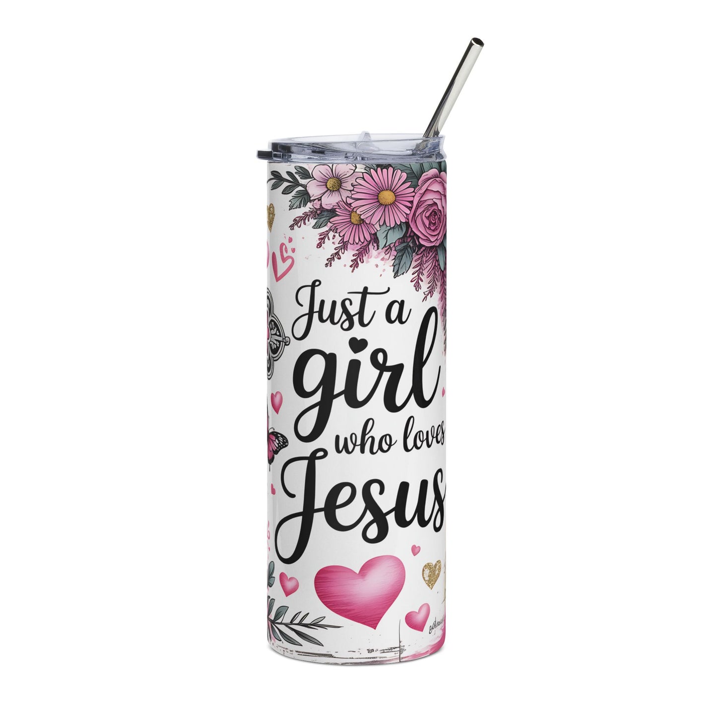 Who Loves Jesus Floral Cross Stainless Steel Tumbler 20oz Christian Travel Mug