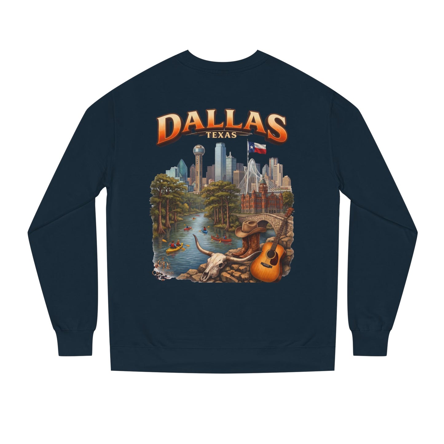 Dallas Skyline Crewneck Sweatshirt — Texas Cityscape & Acoustic Guitar Design