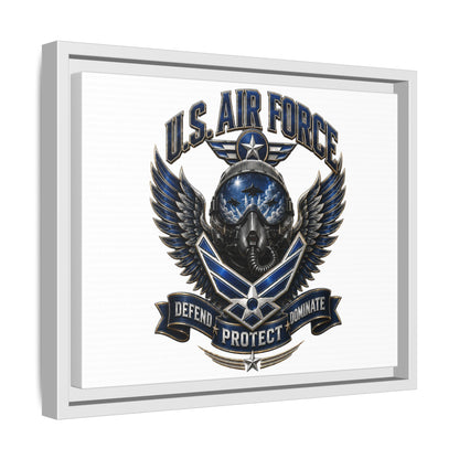 U.S. Air Force Emblem Framed Canvas Print – "Defend Protect Dominate" Military Wall Art