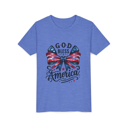 Youth Tee — "God Bless America" Patriotic Bow T-Shirt (4th of July, Memorial Day)