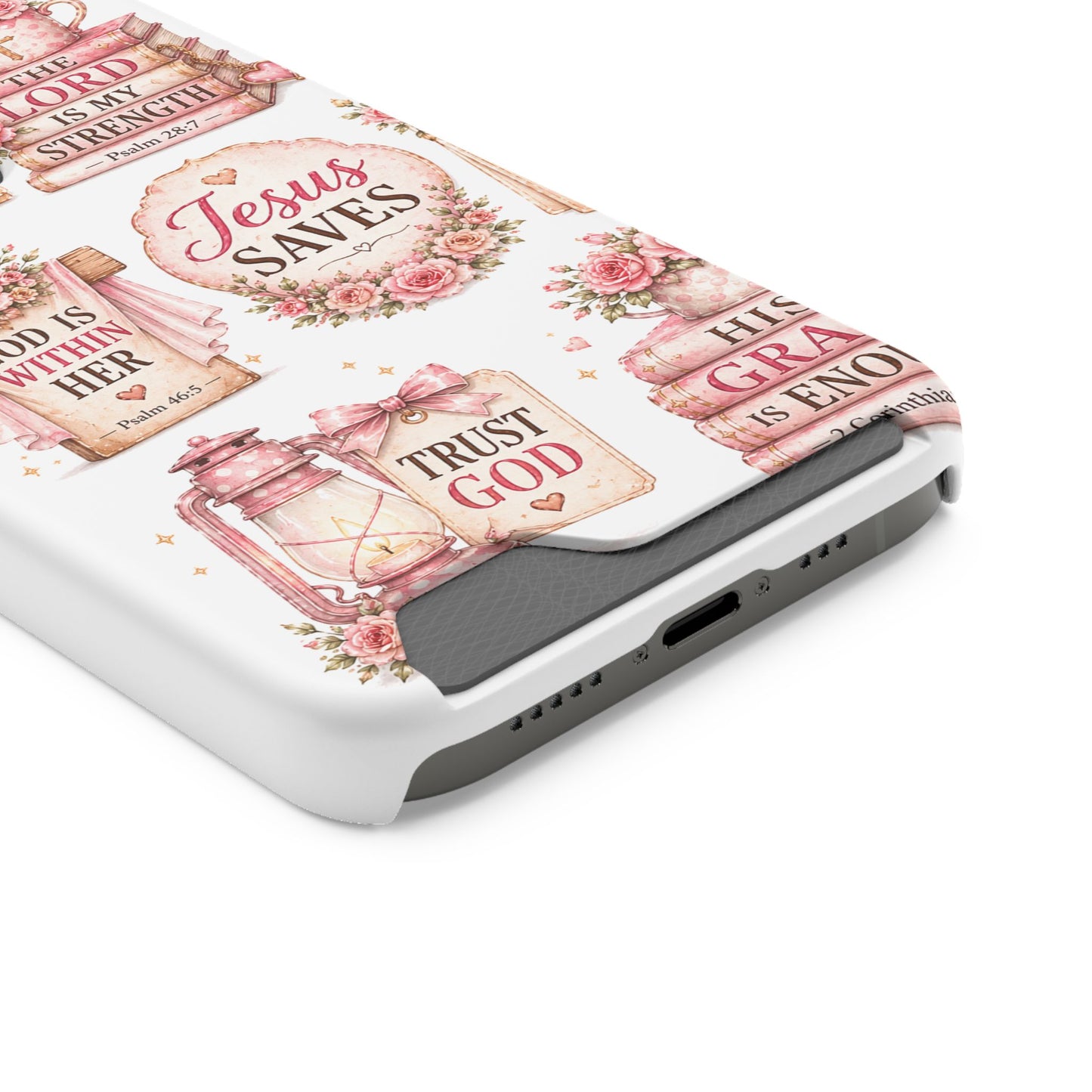 Christian Floral Phone Case with Card Holder — 'Jesus Saves' Inspirational Design