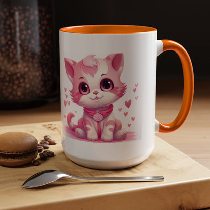 Pink Cute Kitten Coffee Mug — Cute Cat Accent Mug with Hearts (11/15oz)