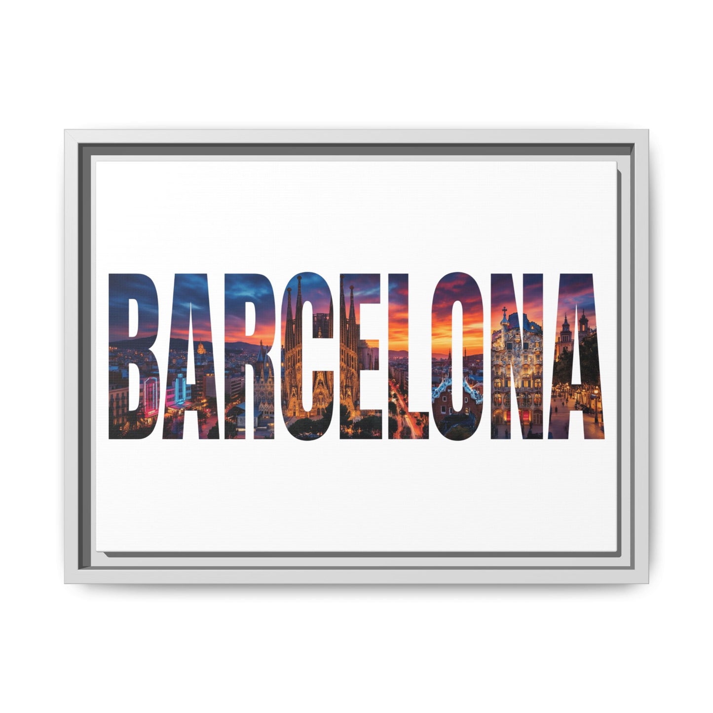 Barcelona Photo-Text Matte Canvas Print — Framed Cityscape Wall Art