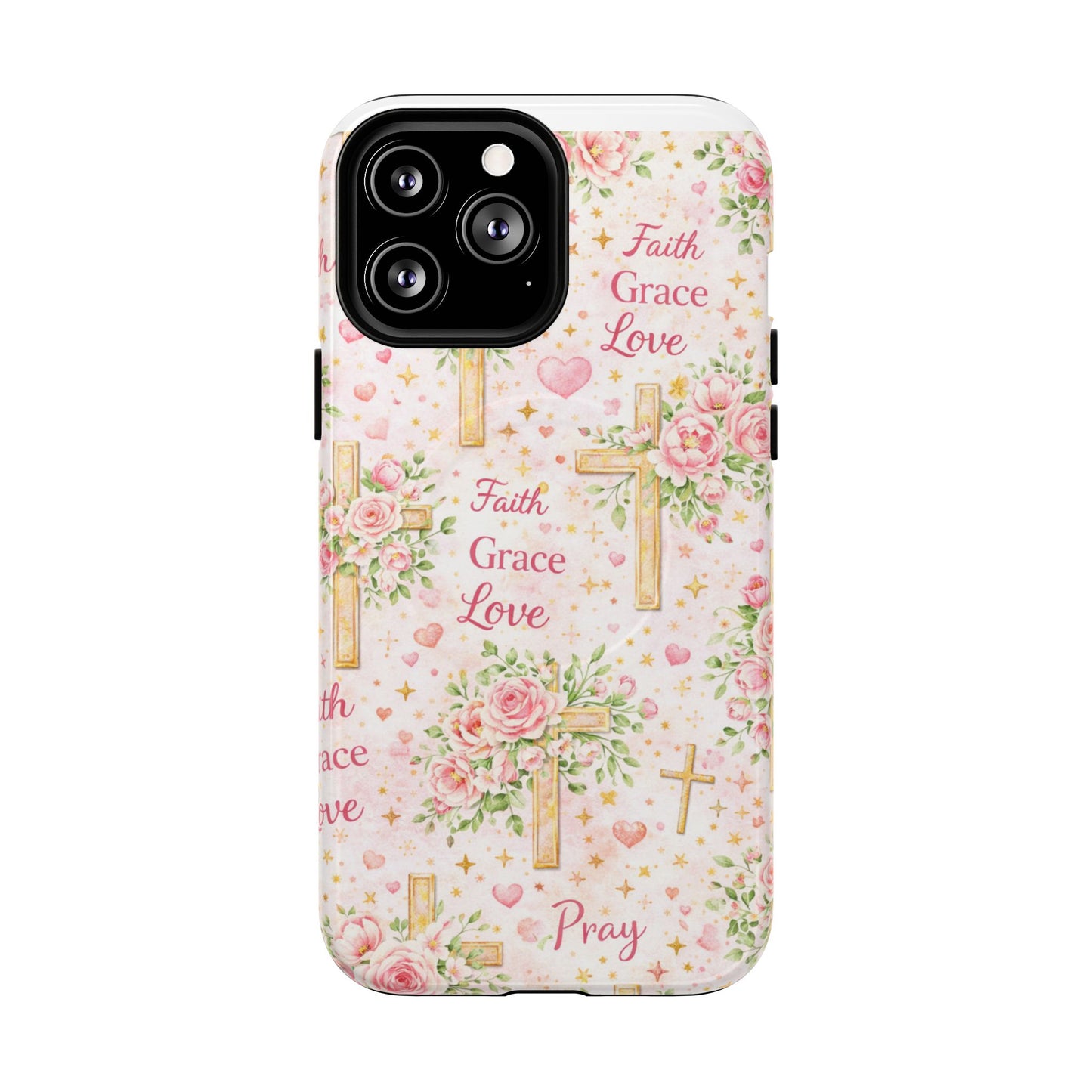 Christian Floral Cross Phone Case — "Faith Grace Love" Tough Magnetic Case