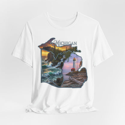 Michigan Scenic Map T-Shirt — Great Lakes Lighthouse Sunset Tee