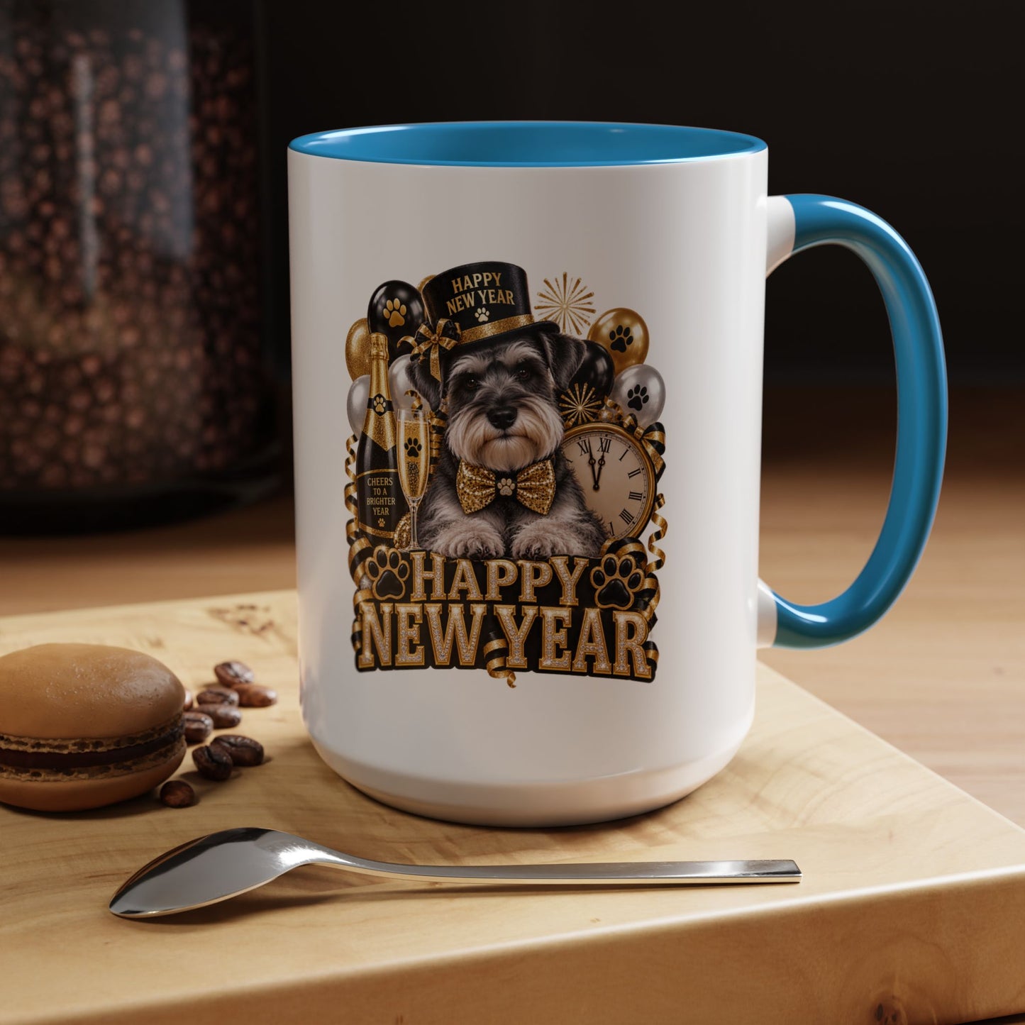Happy New Year Dog Coffee Mug — Festive Black & Gold 11/15oz Accent Mug