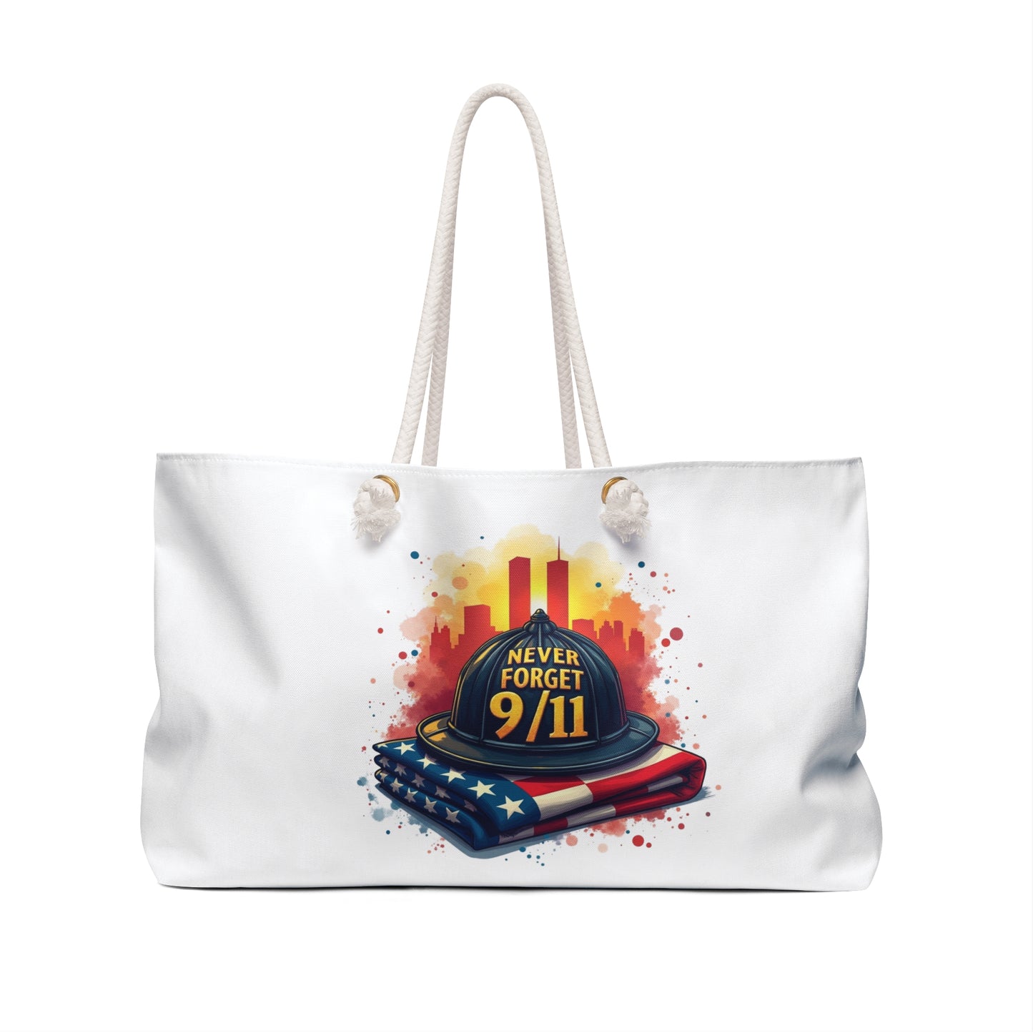 Never Forget 9/11 Memorial Weekender Bag - Patriotic Firefighter Helmet & Flag Tote