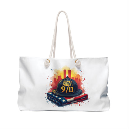 Never Forget 9/11 Memorial Weekender Bag - Patriotic Firefighter Helmet & Flag Tote