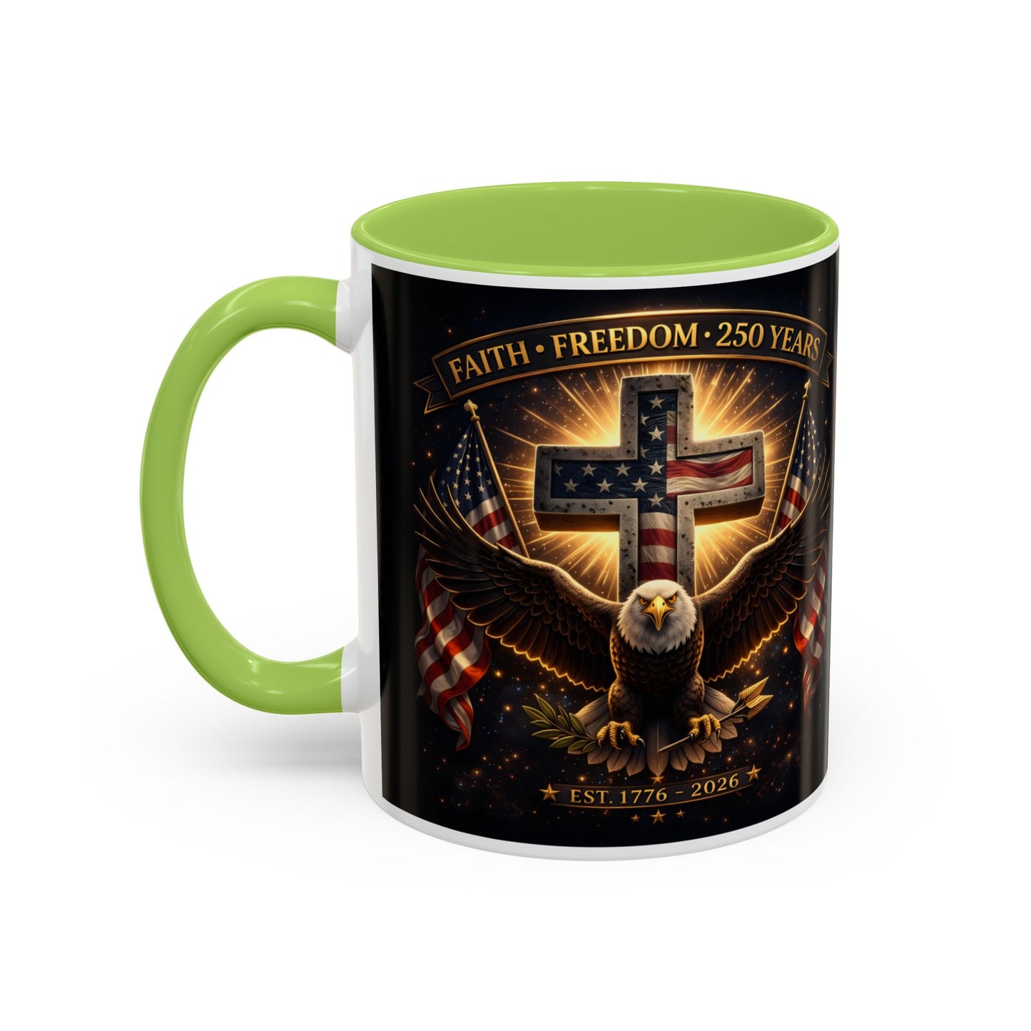 Patriotic Faith & Freedom Accent Coffee Mug — Eagle, Cross & American Flag (1776–2026)