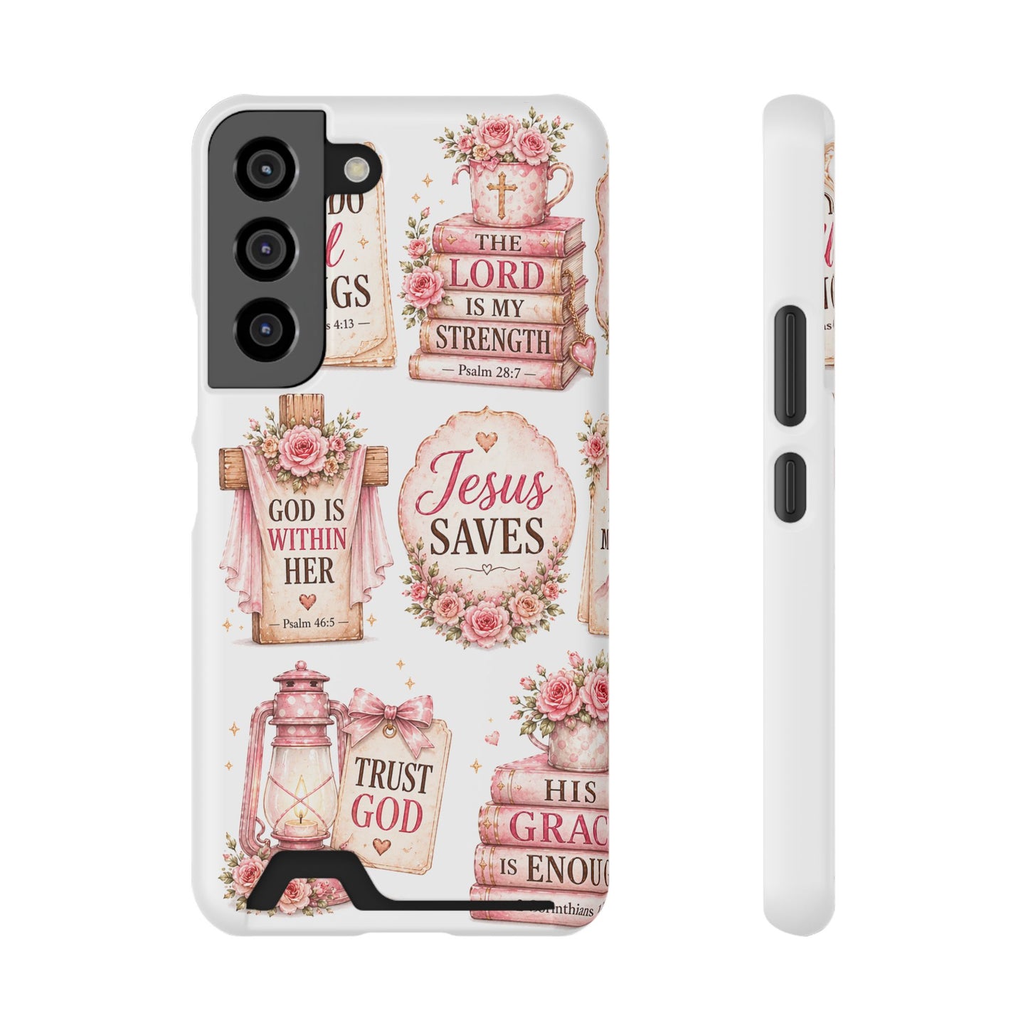 Christian Floral Phone Case with Card Holder — 'Jesus Saves' Inspirational Design