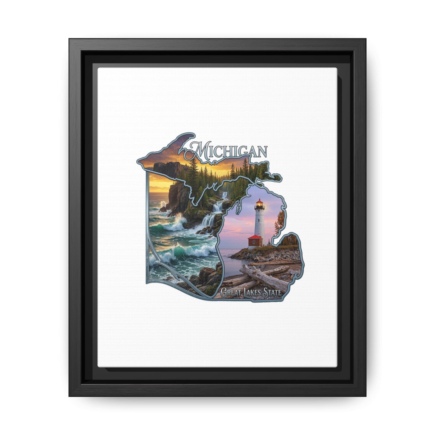Michigan Framed Canvas Wall Art — Great Lakes State Lighthouse & Shoreline Print