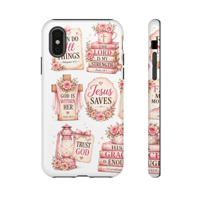 Christian Phone Case — Jesus Saves Floral Tough Case with 'God Is Within Her' & 'Trust God' Design