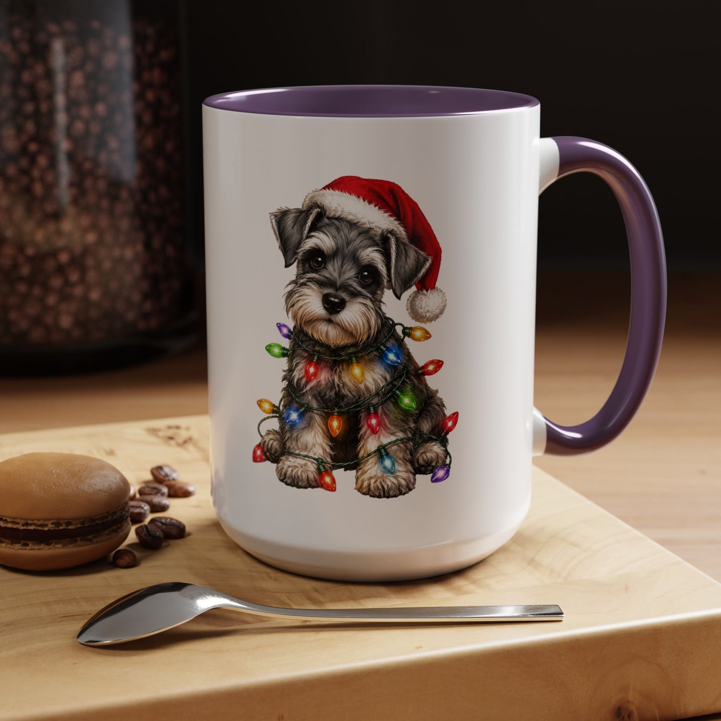 Christmas Puppy Coffee Mug — Schnauzer in Santa Hat with Holiday Lights (11/15oz)
