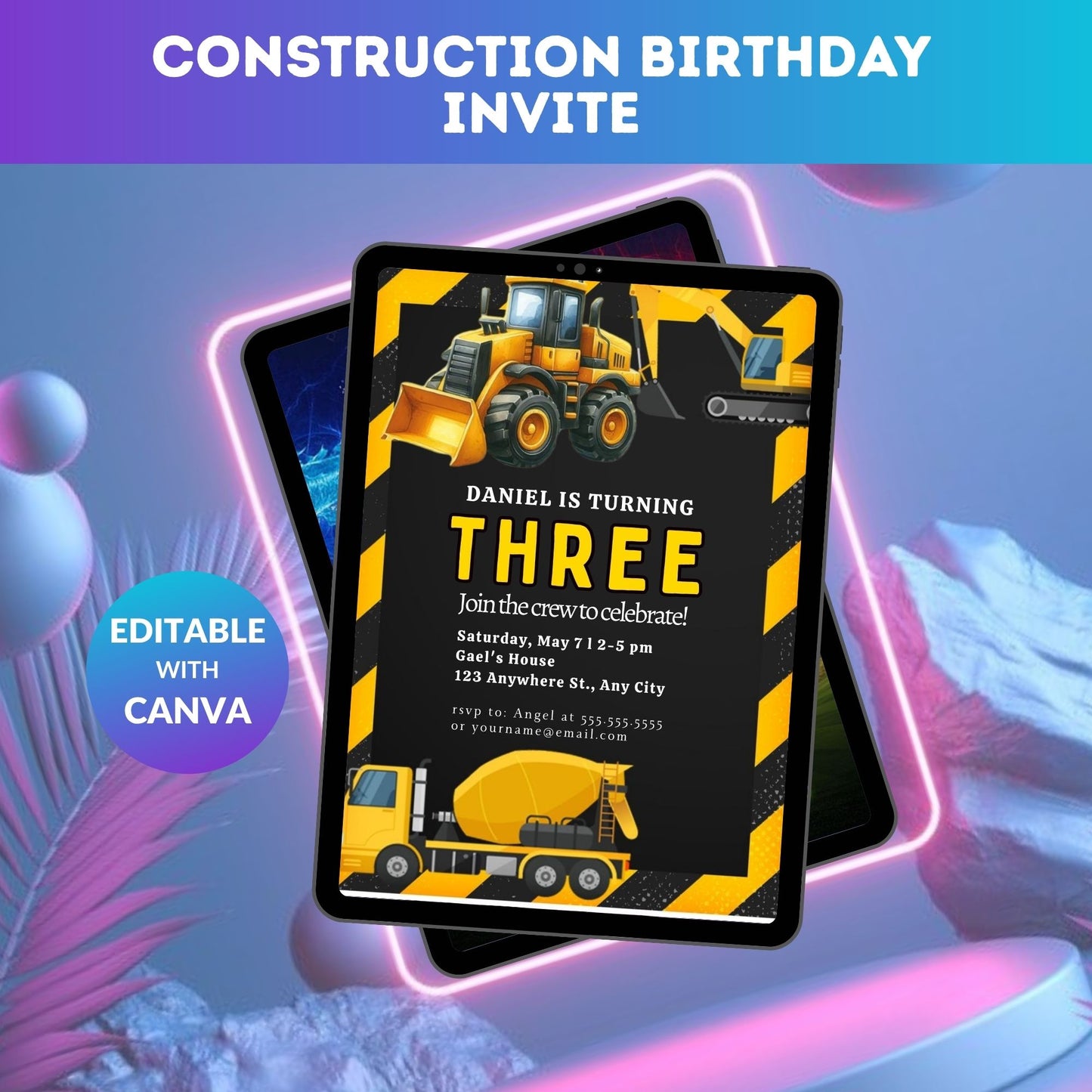 Construction Birthday Invitation Template | Editable Builder Theme Party Invite