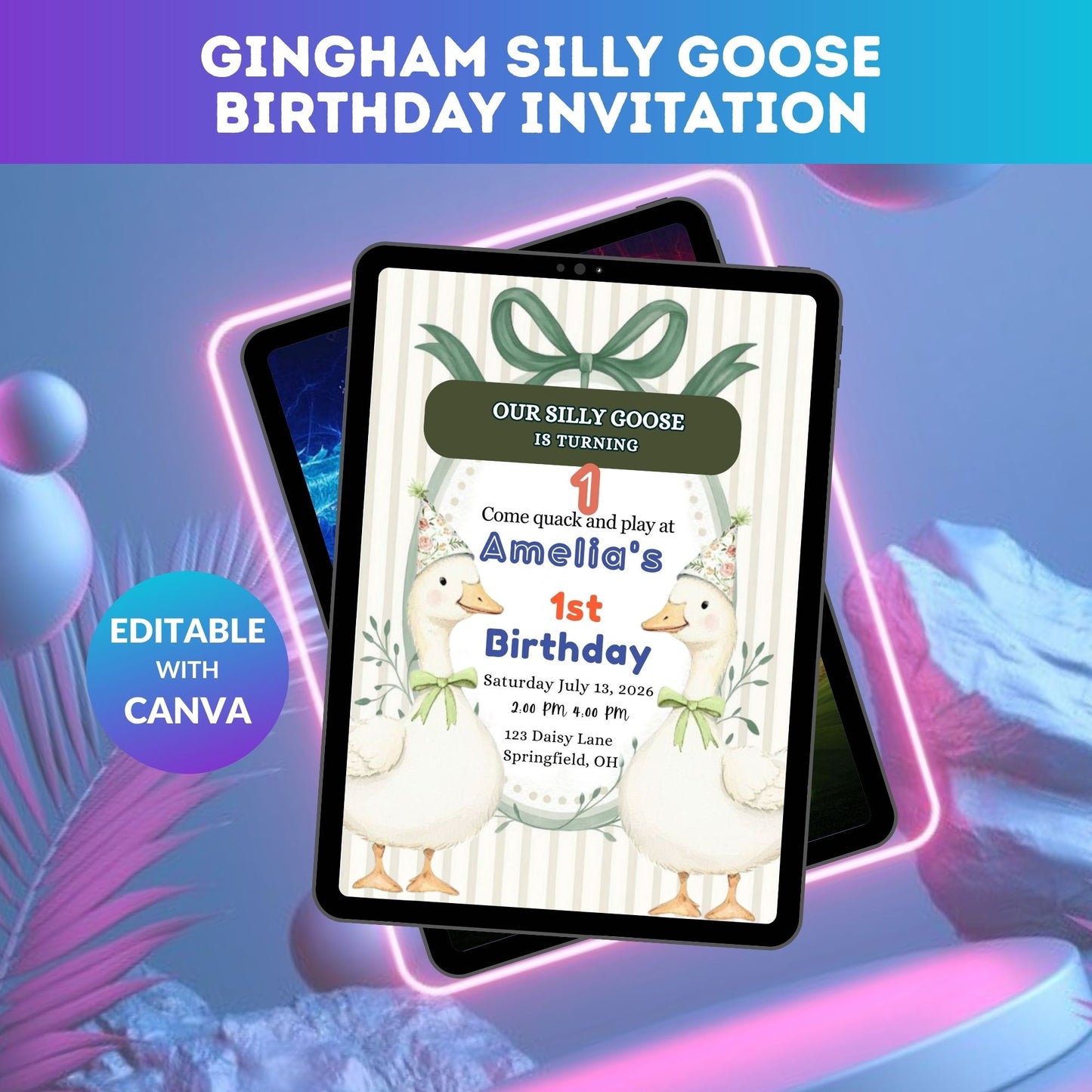 Gingham Silly Goose Birthday Invitation Template | Editable Goose Theme Digital Party Invite