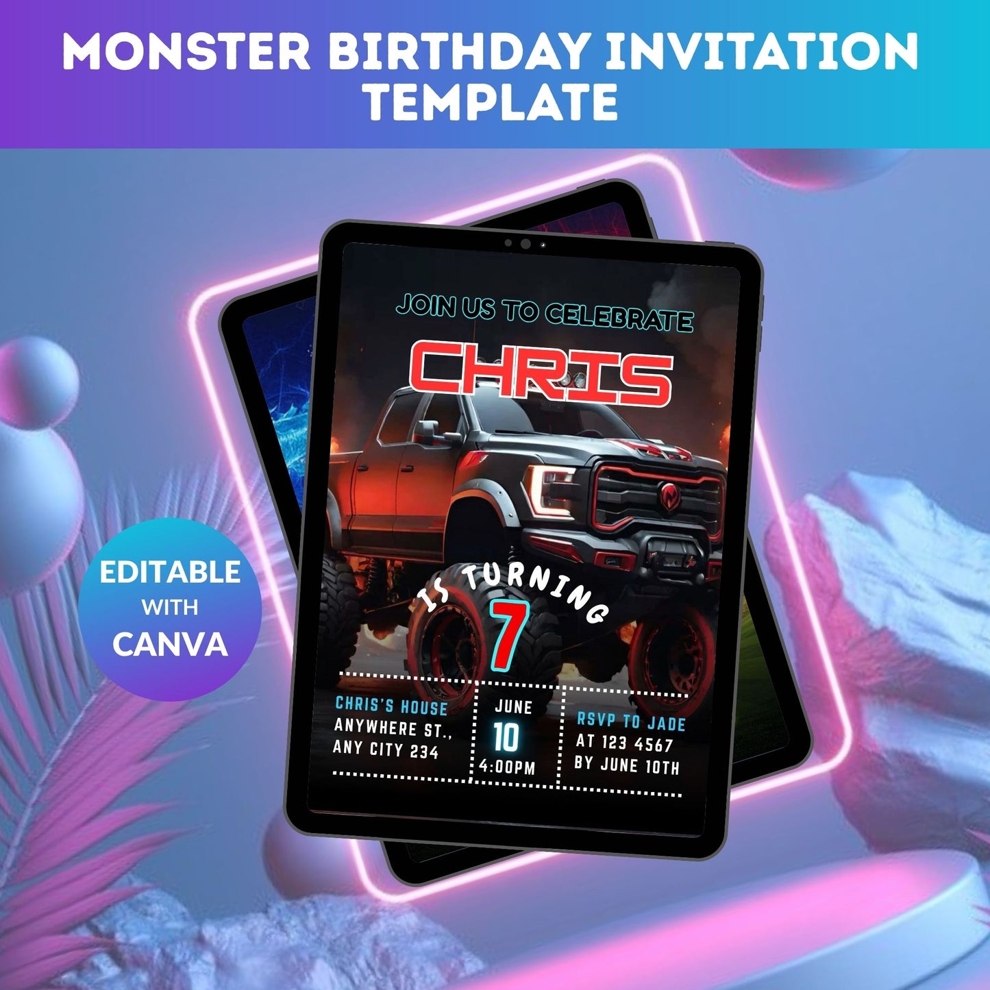 Monster Birthday Invitation Template | Editable Kids Monster Party Digital Invite