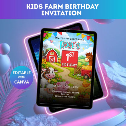 Farm Birthday Invitation Template | Editable Kids Farm Party Digital Invite
