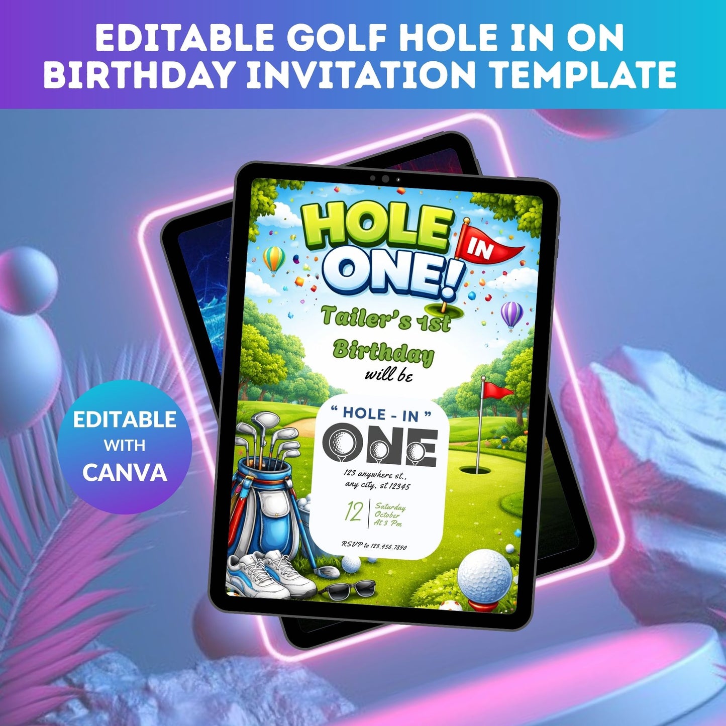 Editable Golf Hole In One Birthday Invitation Template | Golf Theme 1st Birthday Digital Invite