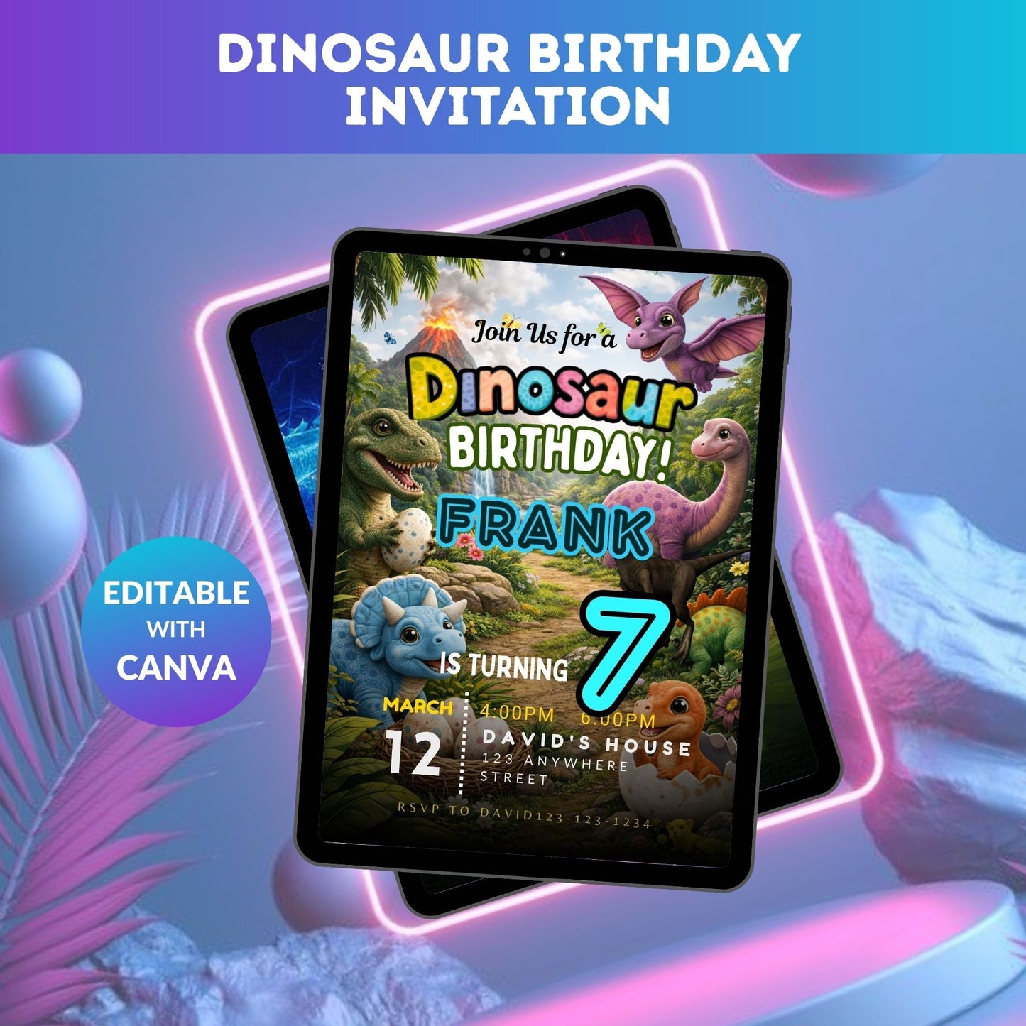 Dinosaur Birthday Invitation | Editable Dino Party Digital Invite Template Product Description