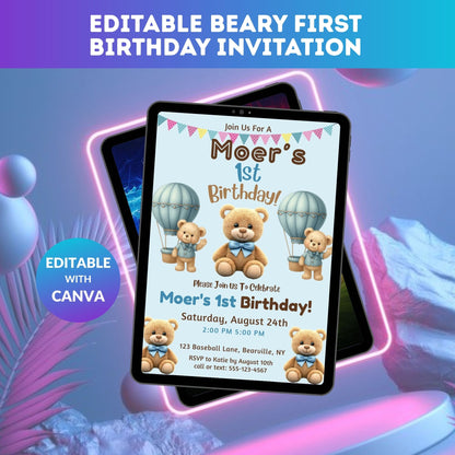 Editable Beary First Birthday Invitation Template | Teddy Bear 1st Birthday Digital Invite