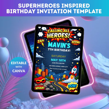 Superheroes Birthday Invitation Template | Editable Kids Hero Party Digital Invite