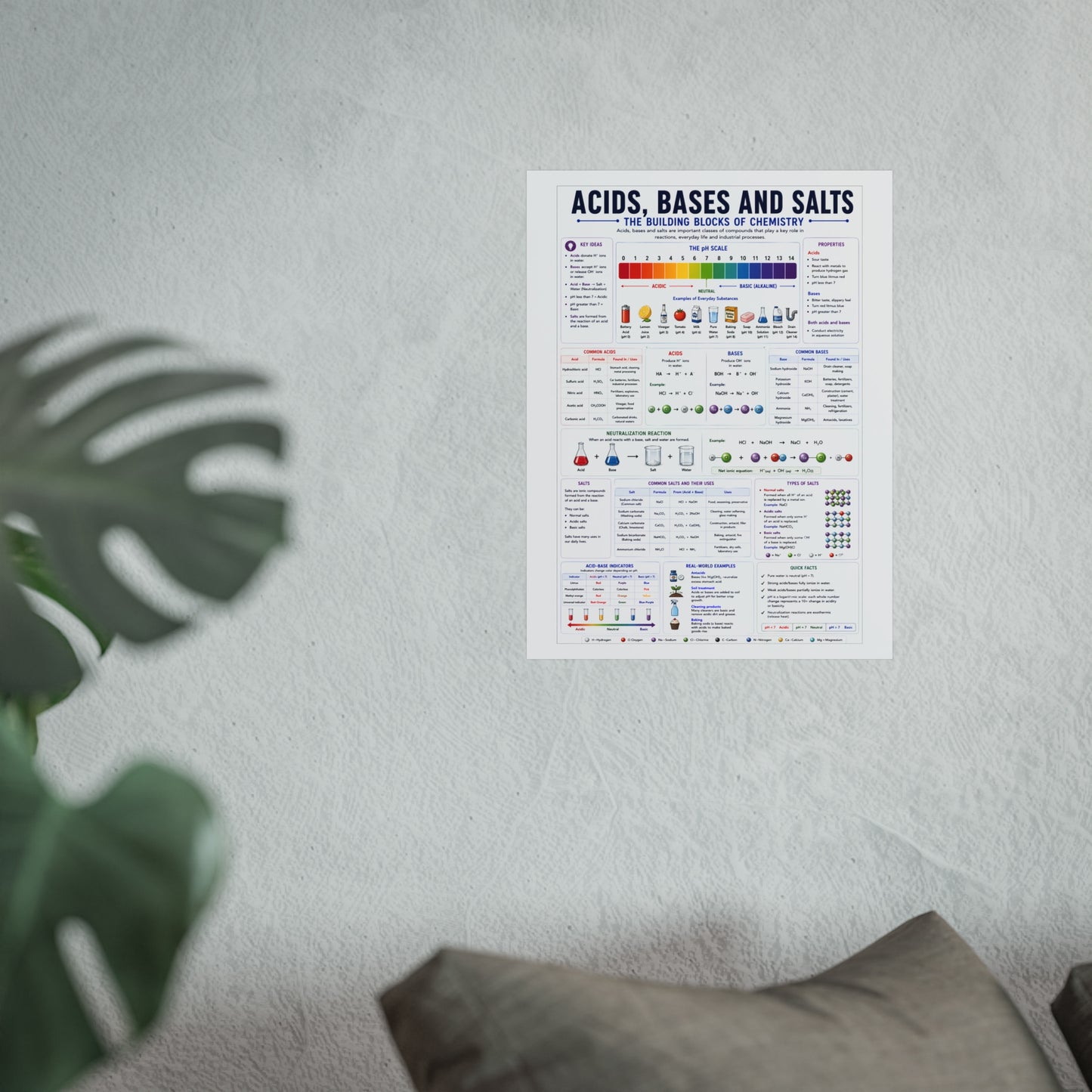 Acids, Bases & Salts Chemistry Poster — Educational Fine Art Poster for Classroom or Study