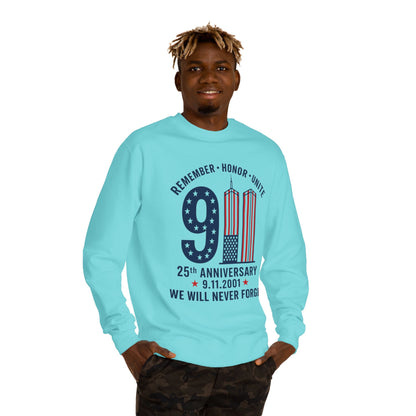 9/11 Remembrance Crewneck Sweatshirt — 25th Anniversary "We Will Never Forget"