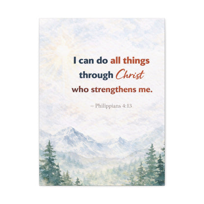 Philippians 4:13 Mountain Canvas – "I Can Do All Things Through Christ" Inspirational Wall Art
