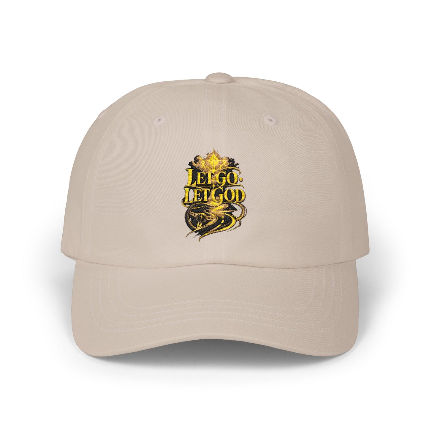 Dad Cap — Retro Gold 'Let Go Let God' Script Embroidery