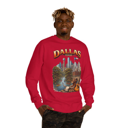 Dallas Skyline Crewneck Sweatshirt — Texas Cityscape & Acoustic Guitar Design