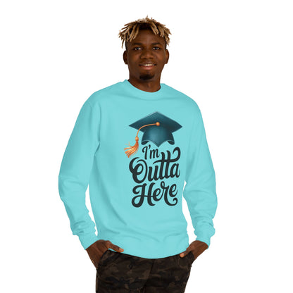 Graduation Crewneck Sweatshirt – “I’m Outta Here” Cap & Tassel Design