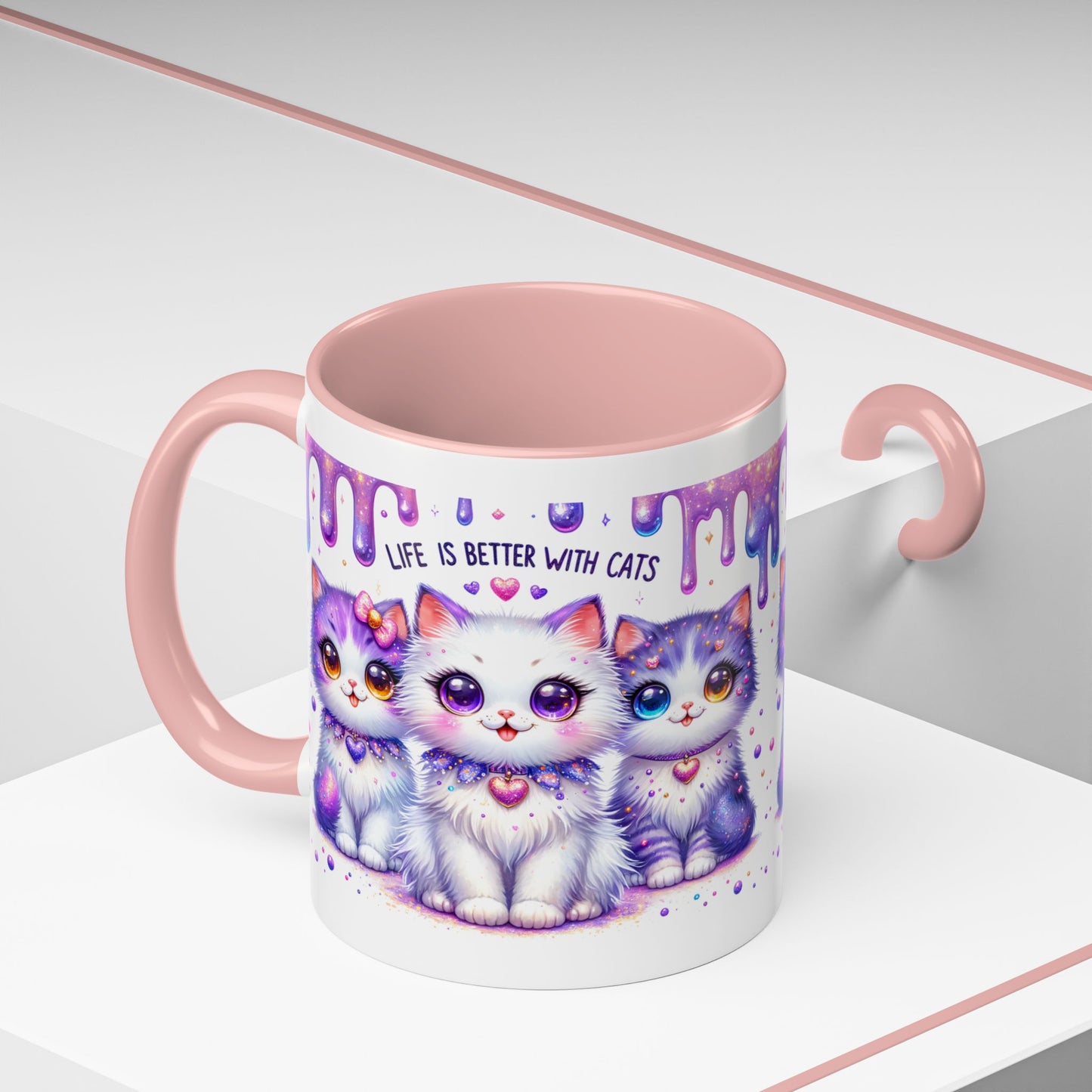 Cute Purple Kawaii Cats Accent Coffee Mug – "Life Is Better With Cats" (11/15 oz)