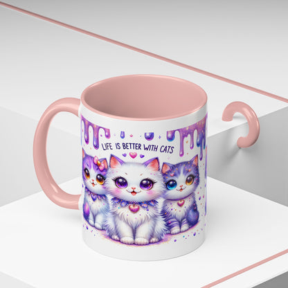 Cute Purple Kawaii Cats Accent Coffee Mug – "Life Is Better With Cats" (11/15 oz)