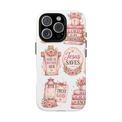 Christian Phone Case — Jesus Saves Floral Tough Case with 'God Is Within Her' & 'Trust God' Design