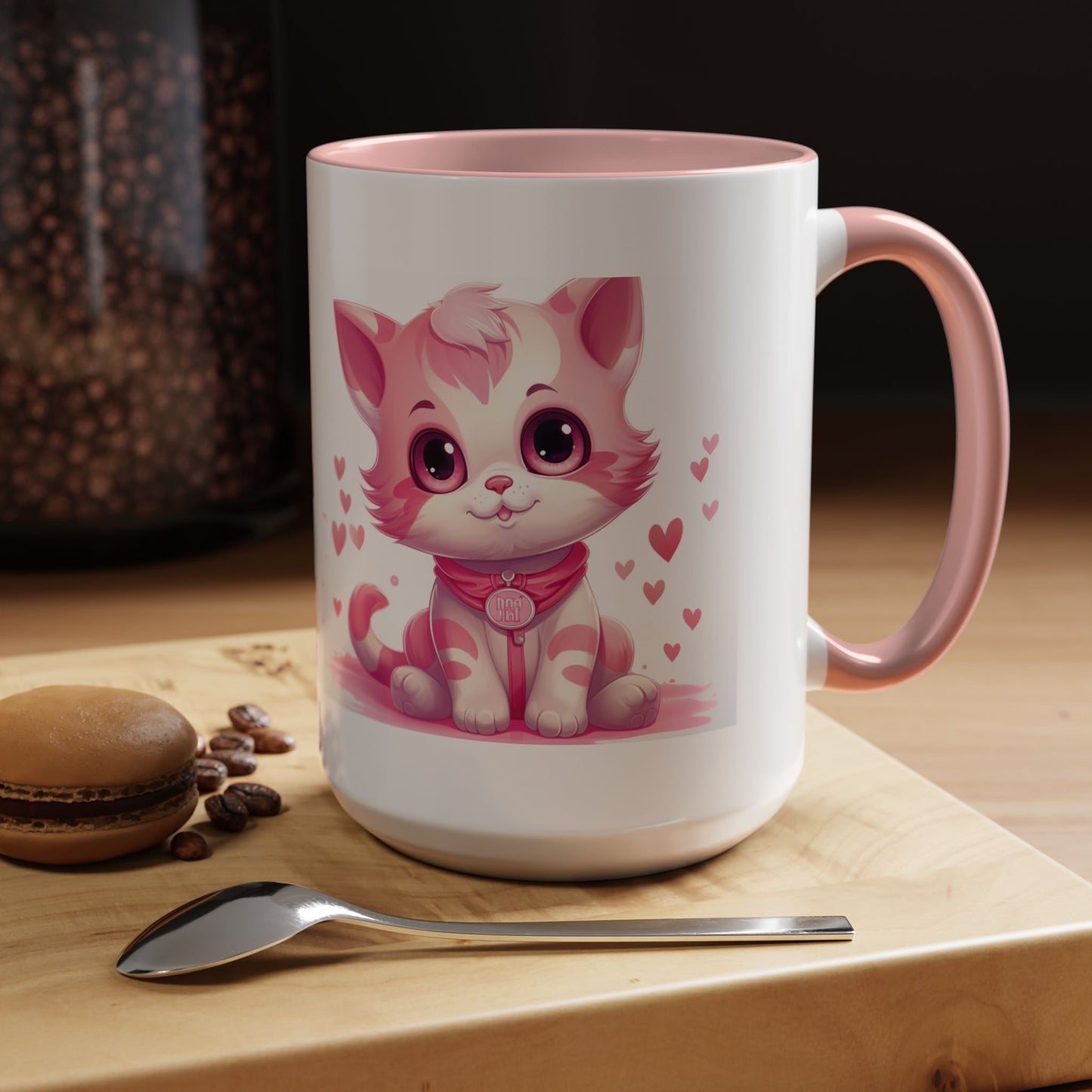 Pink Cute Kitten Coffee Mug — Cute Cat Accent Mug with Hearts (11/15oz)