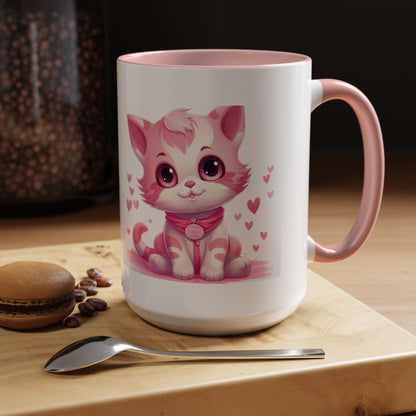 Pink Cute Kitten Coffee Mug — Cute Cat Accent Mug with Hearts (11/15oz)