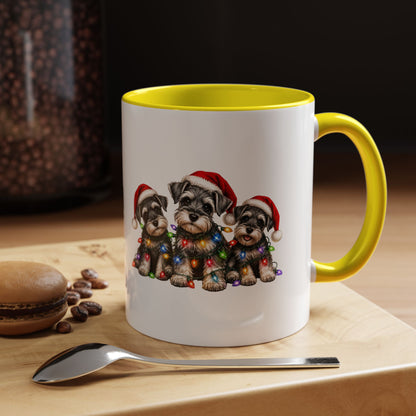 Christmas Puppy Coffee Mug — Cute Schnauzer Trio with Santa Hats & Holiday Lights (11/15oz)