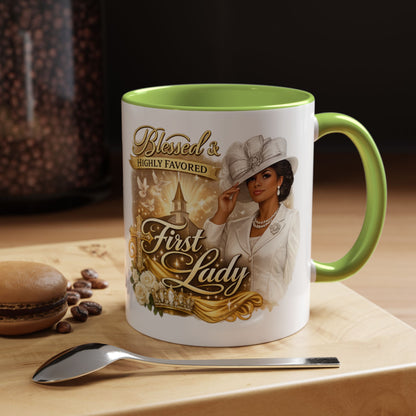 First Lady Inspirational Coffee Mug — "Blessed & Highly Favored" Accent Ceramic Mug