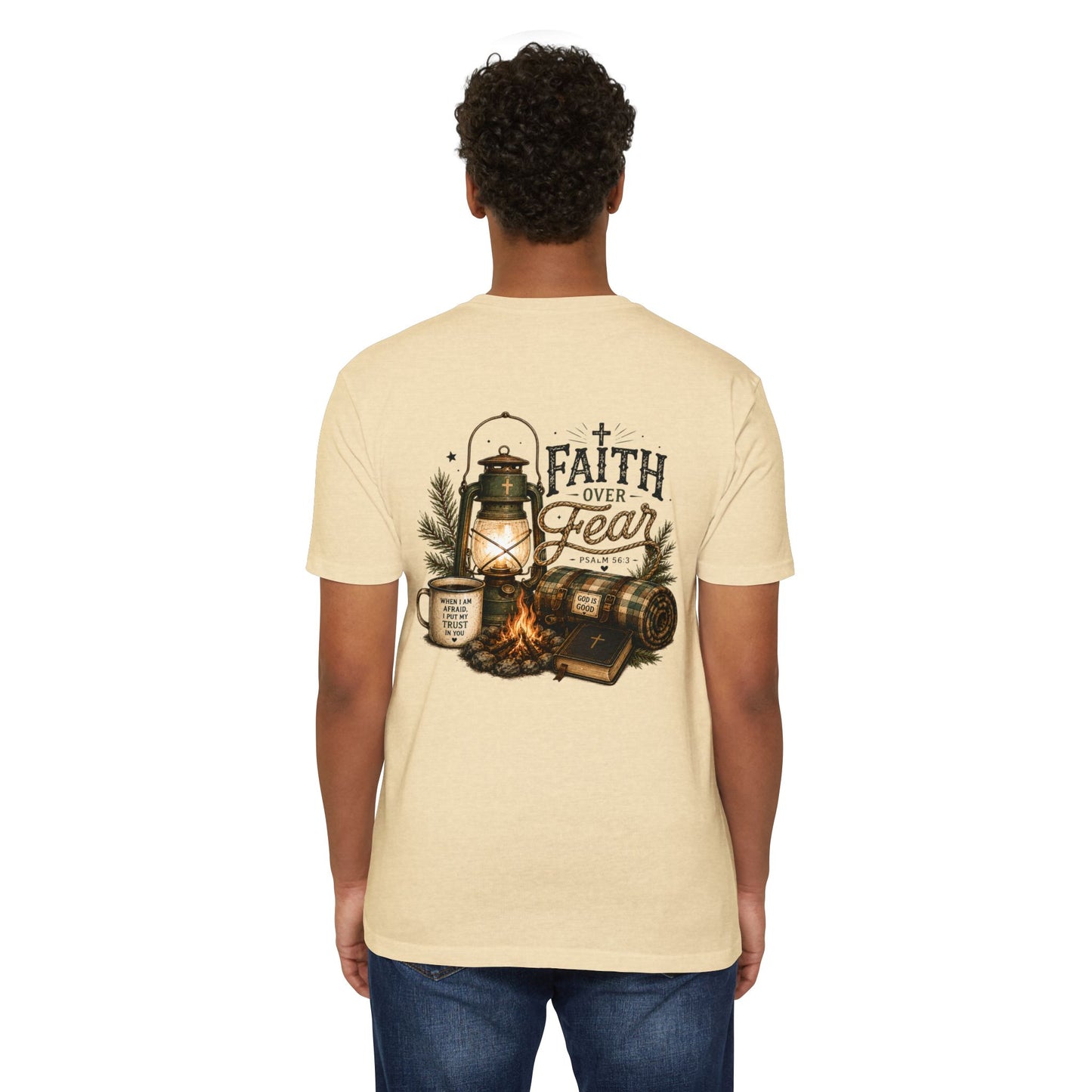 Faith Over Fear T-Shirt — Christian Camping Lantern & Bible Graphic