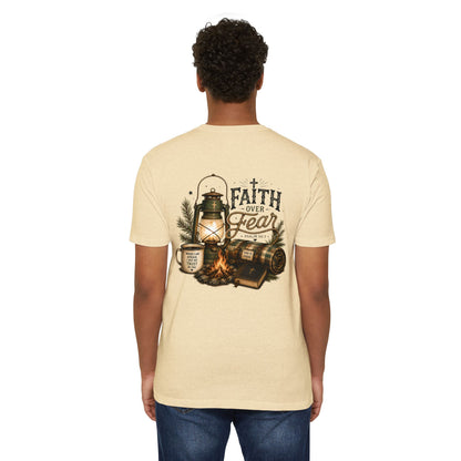 Faith Over Fear T-Shirt — Christian Camping Lantern & Bible Graphic