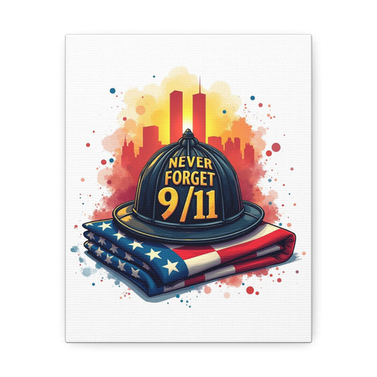 Never Forget 9/11 Stretched Canvas – Memorial Firefighter Helmet & American Flag Wall Art